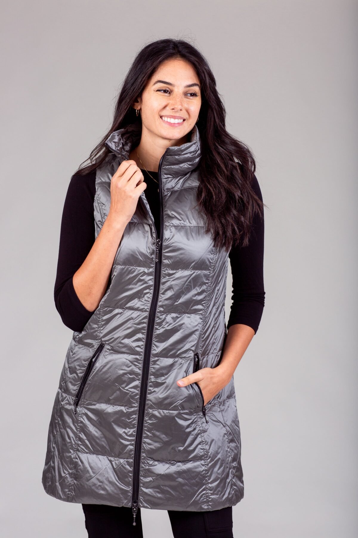 Long Metallic Nylon Down Vest
