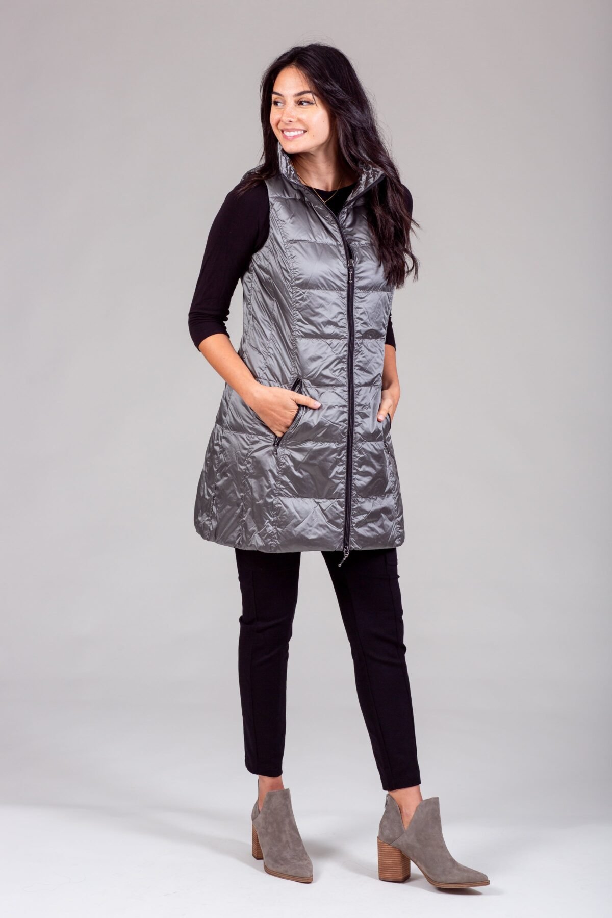 Long Metallic Nylon Down Vest