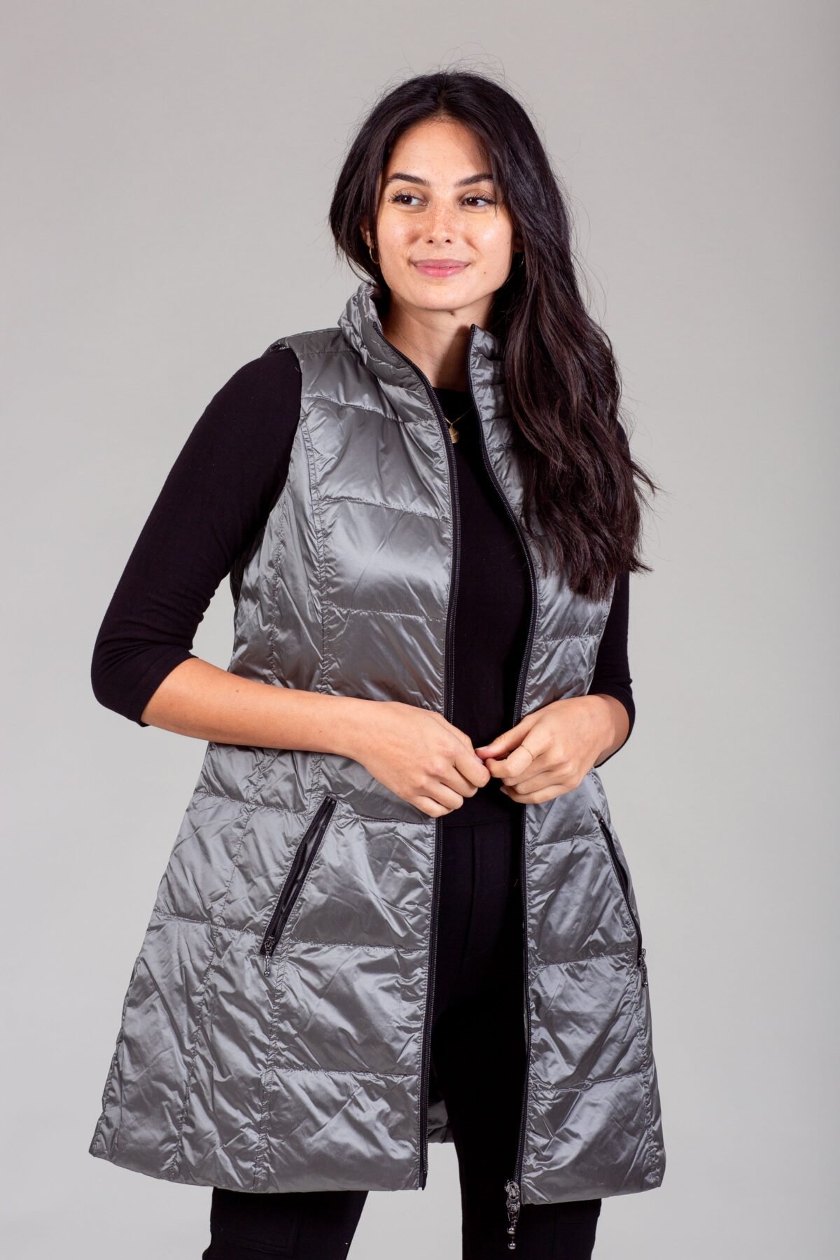Long Metallic Nylon Down Vest