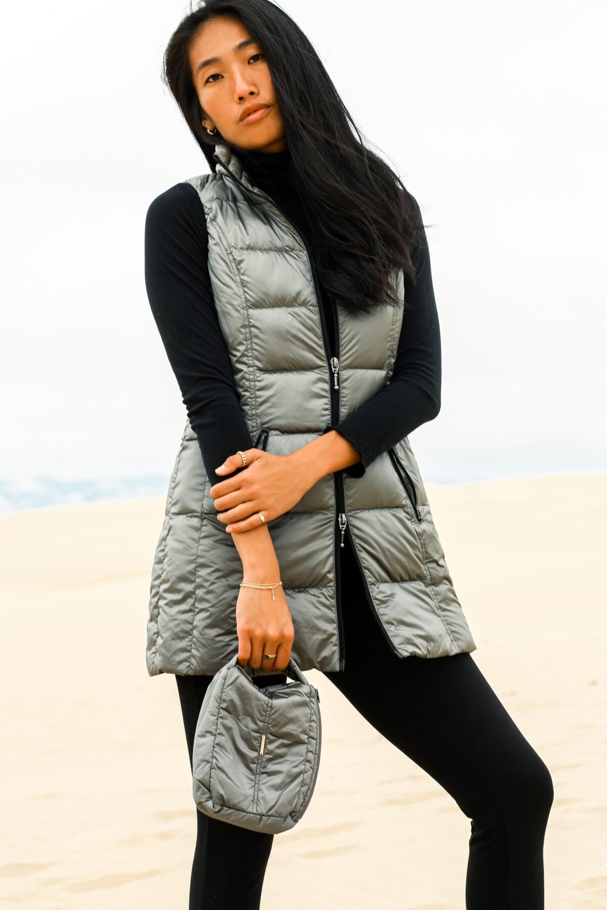 Long Metallic Nylon Down Vest