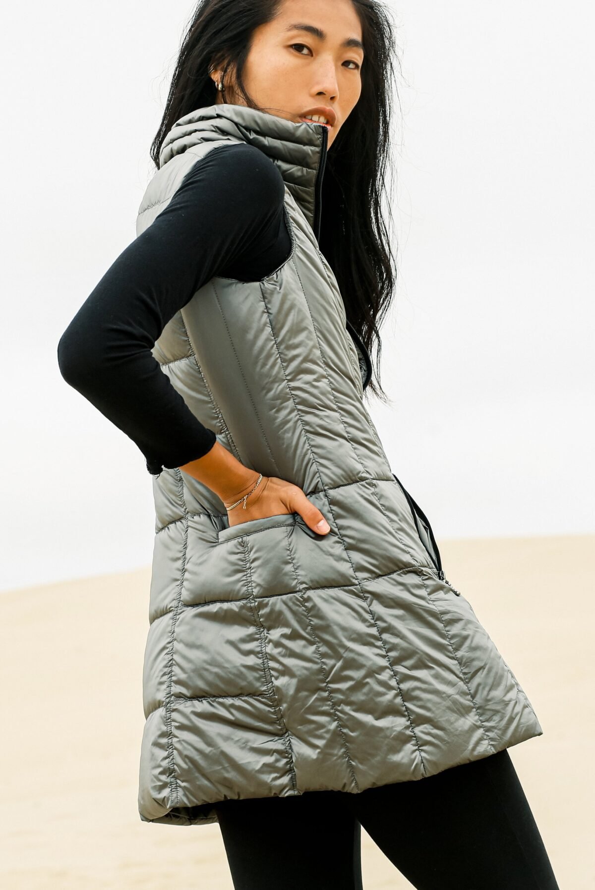Long Metallic Nylon Down Vest